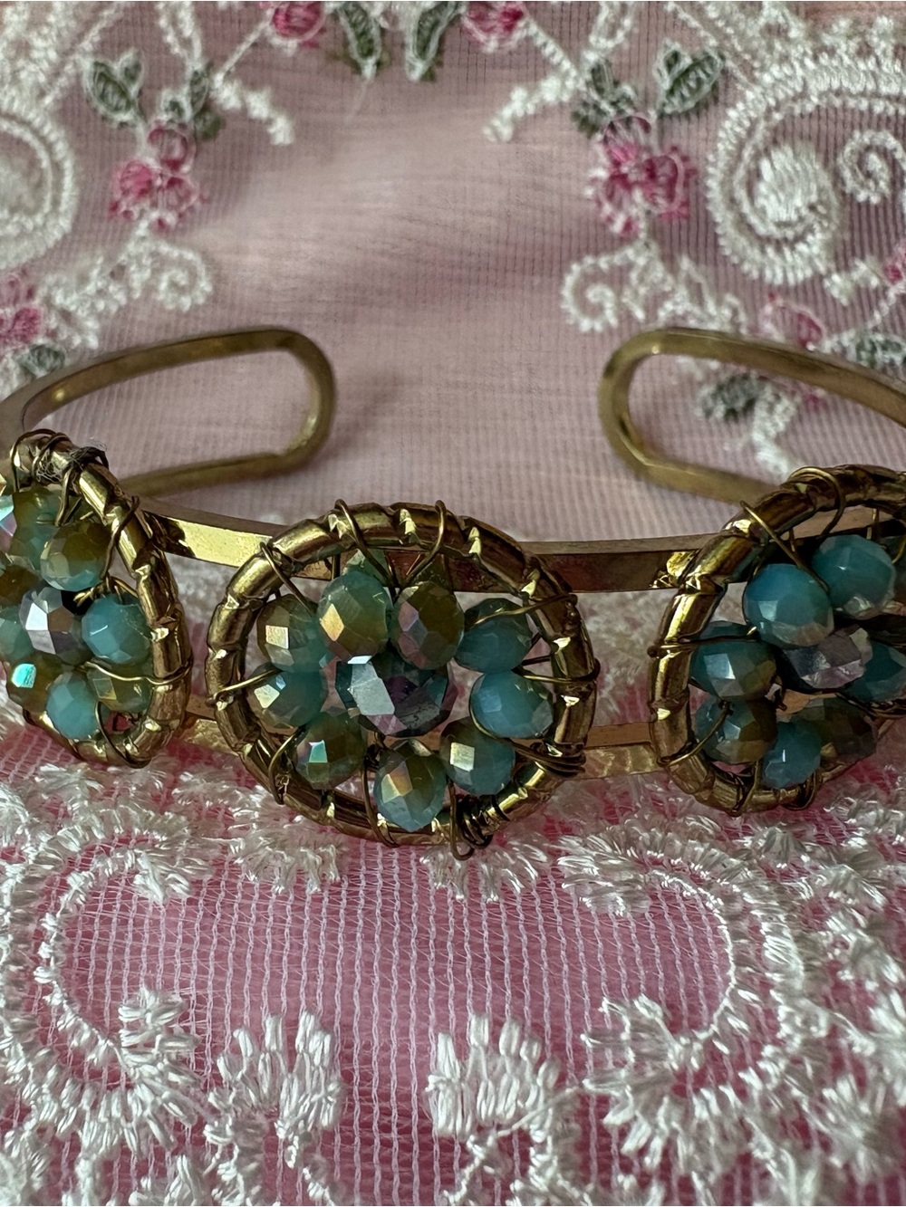 Gold-Tone Cuff Bracelet with Teal Beaded Rosettes